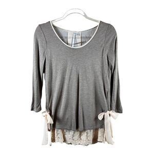 LC Lauren Conrad Lace Hem Chiffon Tie 3/4 Sleeve Blouse Small Tan Cream Rayon
